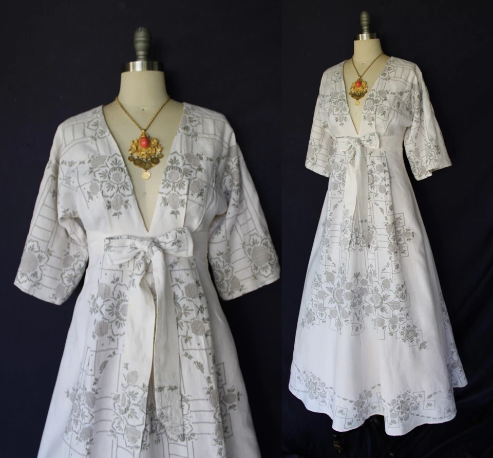 Raro Vestido Maxi Bordado Crochet Lino Vintage Personalizado Caftán Kimono Foto 1 de 4