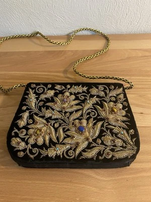 VTG Zardozi Bullion Embroidered Black Velvet Evening Bag W/semi Precious Stones - Image 1 of 4