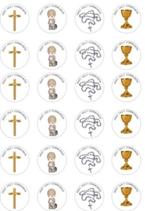 24 x PRECUT BOYS/GOLD/SILVER FIRST HOLY COMMUNION RICE/WAFER CUP CAKE TOPPERS - Picture 1 of 1