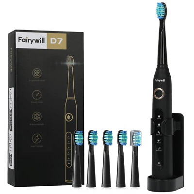Fairywill 507 Negro Sónico Cepillo De Dientes Eléctrico Limpio y Blanco 5 Modos