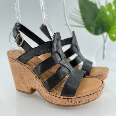 Sandalia Born Bernese para mujer talla 10 cuero negro tacón de cuña punta abierta retro enjaulada Foto 1 de 4