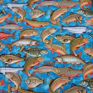 Off the Hook Fish Cotton Fabric by Dan Morris RJR Fabrics 1½ yds x 43" w - Picture 1 of 4