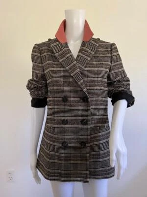 Chaqueta REBECCA TAYLOR Negra Tostada Rosa Mezcla de Algodón Cuadros Doble Pecho Talla EE. UU. 8 Foto 1 de 4