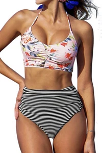 CUPSHE Women’s Floral Print Lace Up Two Piece High Waist Bikini Size Small - Picture 1 of 8