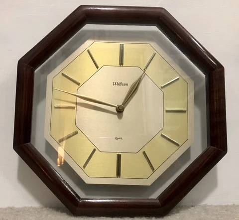 Vintage 70’s Floating Octagonal Waltham Wall Clock Gold Face - Works Cover