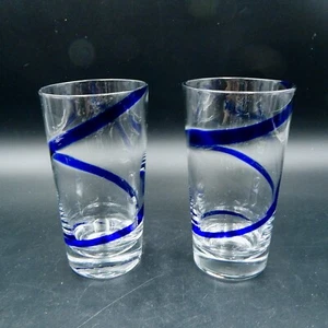 Pier 1 One Swirline Blue Ribbon Highball Beer Tumblers Glasses 6 Inch Set of 2 - Picture 1 of 9