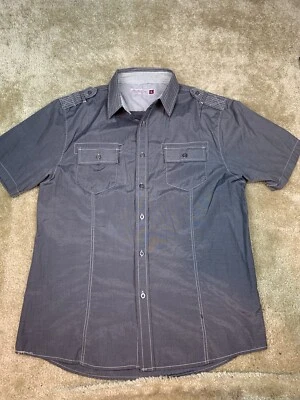 Sovereign Code Shirt Large Short Sleeve Button Up Pockets Gray -Neck Stain #685 - Image 1 of 4