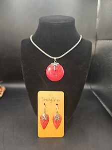 Drop Earrings, Pendant & Necklace-Dragonfly Red Sponge Coral-925 Sterling Silver - Picture 1 of 13