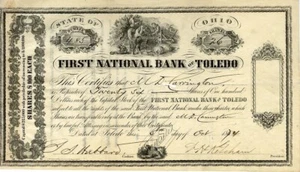 1874 Prima Banca Nazionale di Toledo Certificato Stock - Foto 1 di 1