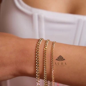14K Gold Cuban Link Bracelet, Cuban Link Chain Bracelet, 3mm 4mm 5mm Curb Link - Picture 1 of 10