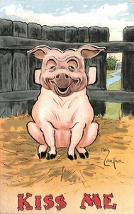 Reg Carter signiertes mechanisches Schwein "Kiss Me" Bobby Head Postkarte - Bild 1 von 2