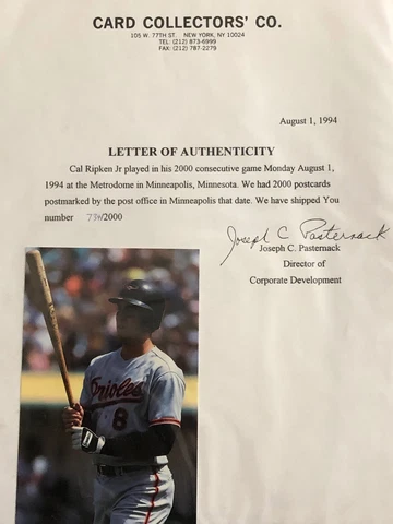 1994 Postcards (2) commemorating Cal Ripken's 2000 consecutive game - LTD! Cover
