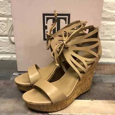 Ivanka Trump Hopela Women's Size 6.5 Tan Cutout Leather Cork Wedge Heels Sandals - Image 1 of 4