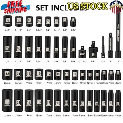 49Pc 3/8 Drive Deep Impact Socket Set Cr-V Steel Mechanic Tools SAE Metric New - Image 1 of 4