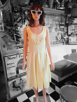 True VTG Mid-century 1950s 1960s Yellow Polka Dot Sundress M Mod MCM Sleeveless - Image 1 of 4