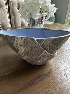 Vintage MCM Japan Yamasan Modernist Ikebana Textured Blue White Gray Vase Bowl - Picture 1 of 9