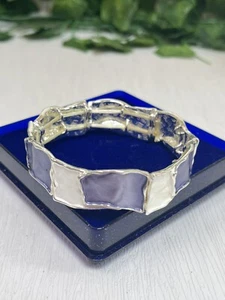 Brutalist Blue & White Enamel Silver Plated Stretch Elastic Bracelet - Picture 1 of 12