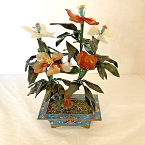 Vintage Chinese Jade Hardstone Tree Plant In Cloisonne Pot Rectangular - Picture 1 of 15