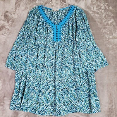 Top Woman Within para mujer 18/20 azul estampado geográfico manga acampanada 3/4 tachuelas plisadas boho Foto 1 de 4