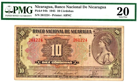 RARE BEAUTIFUL JUMBO SIZE 1945 NICARAGUA 10 CORDOBAS ENGRAVED by ABN! PMG VF20 Cover