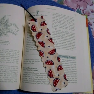 Bookmark Fabric or Cloth Beige Red White Blue Stars Watermellon Ribbon Handmade - Picture 1 of 4