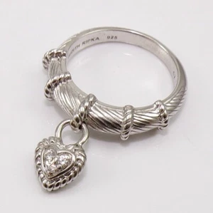 JUDITH RIPKA Sterling Silver Heart Dangle Charm Cable CZ Ring Size 9 FZ - Picture 1 of 4