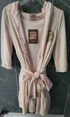 NWT Juicy Couture Pink Gold Embroidered Tiered Ruffle Hooded 3/4 Sleeve Robe S - Image 1 of 4