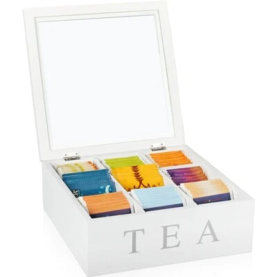 Teebox 9 Fächer Teekiste Holz Teekiste weiß Tee Dose Teebeutel Deko Aufbewahrung - Bild 1 von 4