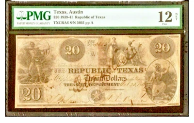 1839 $20 REPUBLIC OF TEXAS NOTE CURRENCY CR-TX-A6 PMG FINE F 12 - Image 1 of 2