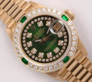Rolex President Lady 18k 26 mm - Bisel de diamantes esmeralda - Cadena verde esfera de diamantes - Imagen 1 de 6