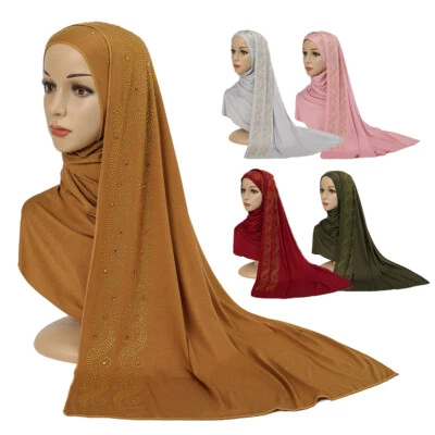 Rhinestone Long Shawl Muslim Turban Wrap Scarf Islamic Scarf African Head Wraps - Image 1 of 4