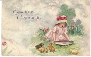 EASTER POSTCARD "Easter Greetings" Small Girl Getting Water for Ducklings 1915 - Picture 1 of 2