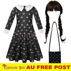 Girls Wednesday Addams Family Cosplay Dress with Bag and Wig Costume Halloween