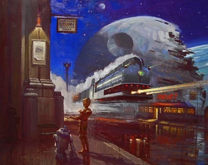 C3PO R2D2 Stazione ferroviaria Death Star Wars Universo arte intrapretiva carta giclée - Foto 1 di 1
