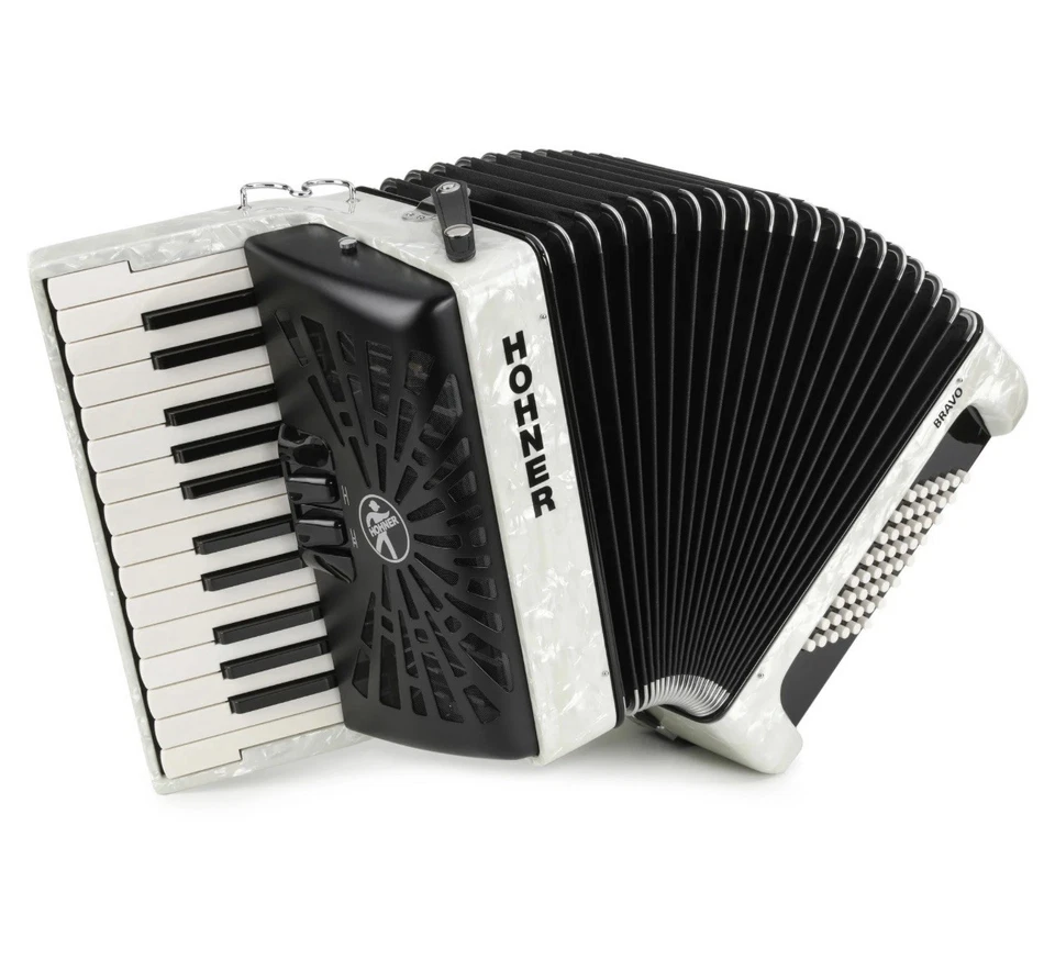 HOHNER Bravo II 48 Bass White Piano Accordion Acordeon Bag Straps Shirt DVD