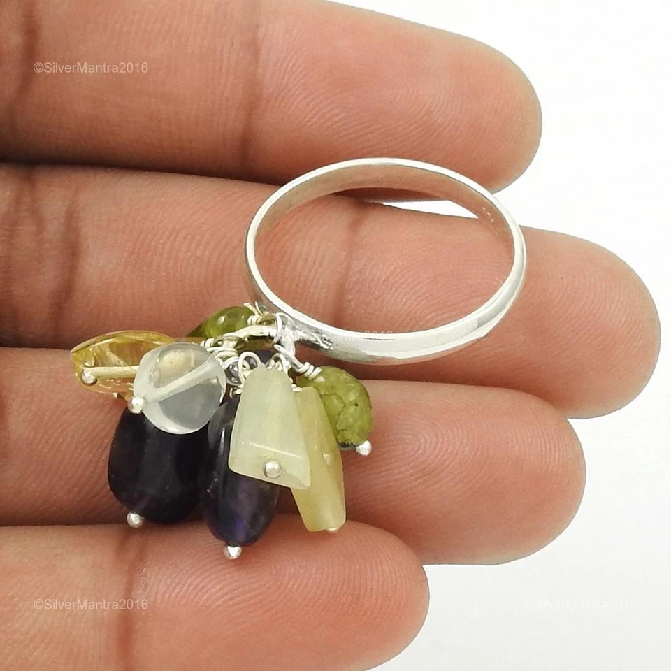 Weihnachtsgeschenk Echt Sterlingsilber Citrin Aquamarin Perlen Ring Schmuck US - Bild 1 von 4