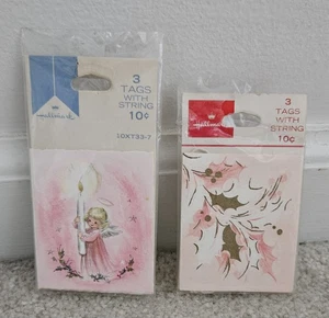 Vintage Hallmark Weihnachten Urlaub Geschenkanhänger mit Krawatten rosa Engel Stechpalme - Bild 1 von 11