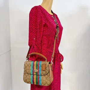 Borsa Coach C5644 Marlie manico superiore in tela firmata con righe kaki Mult - Foto 1 di 10
