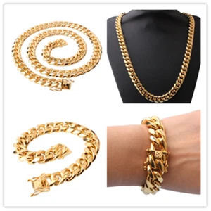 18mm24in Men Cuban Miami Link Bracelet Chain Set 14k Gold Plated Stainless Steel - Picture 1 of 8