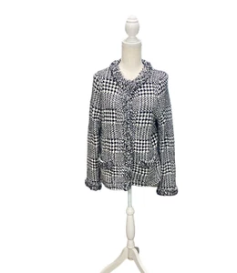 Marks & Spencer Navy White Glen Plaid Sweater Fringe Trim Snap Closure Sz 14 - Picture 1 of 9