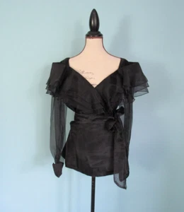 Size M HAMPTON NITES Black Wrap Blouse VINTAGE Shoulder Ruffles Sheer Sleeve - Picture 1 of 12