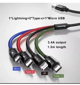 Baseus 4 in 1 Multi USB Charging Cable Fast Charger Cord For iPhone/Type C/Micro - Picture 1 of 3