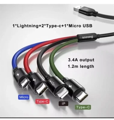Baseus 4 in 1 Multi USB Charging Cable Fast Charger Cord For iPhone/Type C/Micro - Image 1 of 3