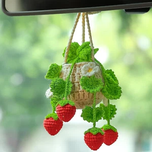 Crochet Strawberry Car Decoration Car Mounted Ornament Rearview Mirror Pendant - Picture 1 of 14