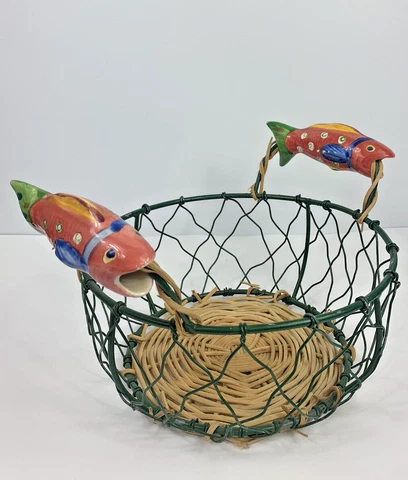 Nautical Fish Metal & Wicker Basket with Ceramic Fish Handles Tropical Beach Cover