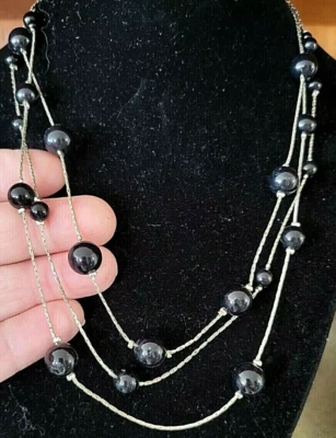 Necklace Claire's Triple Strand Black Bead Beaded Silver Tone Chain - 16" to 18" - Image 1 of 4