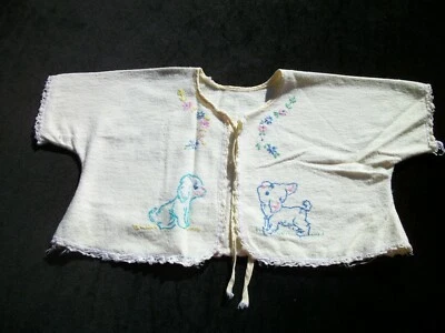Vintage Baby Sacque Yellow Flannel Infant Sweater Embroidery Puppies Flowers - Image 1 of 4