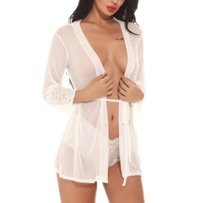 Women's Bathrobe Sexy Lingerie Lace Robe See Through Cover Night Dress Sleepwear - Image 1 of 4