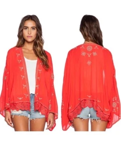 Free People Small Red Kimono Embroidered Rayon Travel Layer - Picture 1 of 8