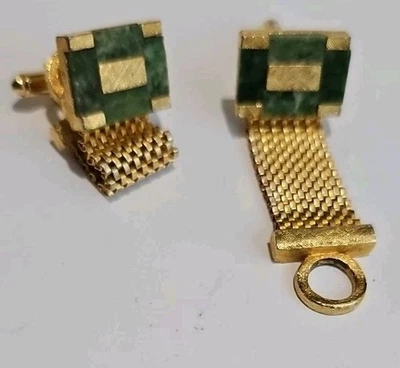 Vintage DANTE Wraparound Mesh Cufflinks Inlaid Jade & Gold Tone  - image 1 of 4